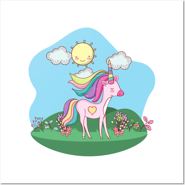 Cute Little Unicorn With Heart Standing In a Field On a Sunny Day Wall Art by Vegan Squad